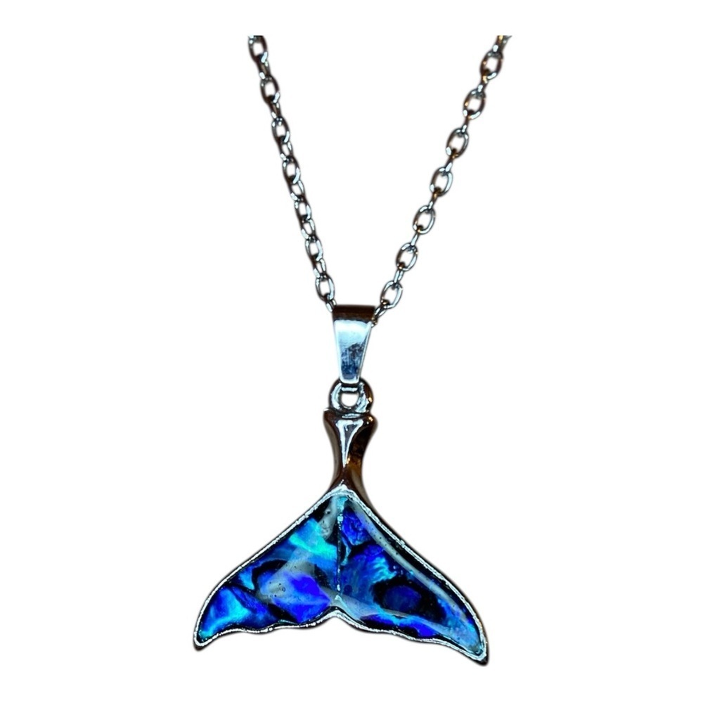 GLACIER PEARL ABALONE Whale Tail Necklace-Chain & Pendant Included Blue/Sil 18” - Picture 1 of 6